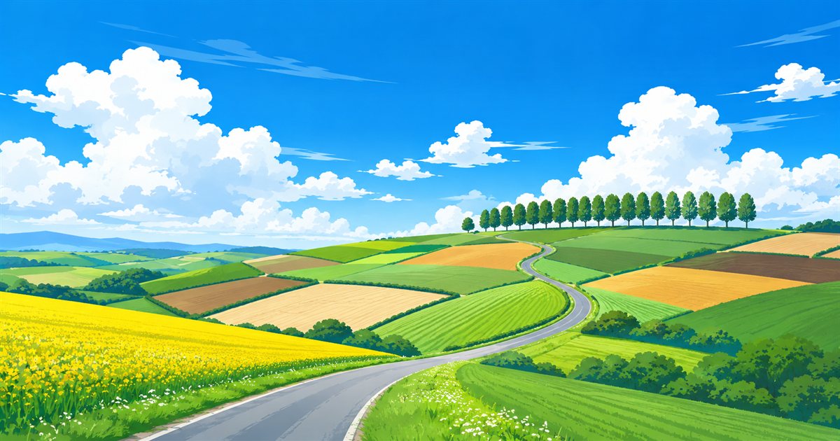 真夏の富良野・美瑛をイメージしたイラスト。パッチワーク状の畑が続く丘とカーブする道