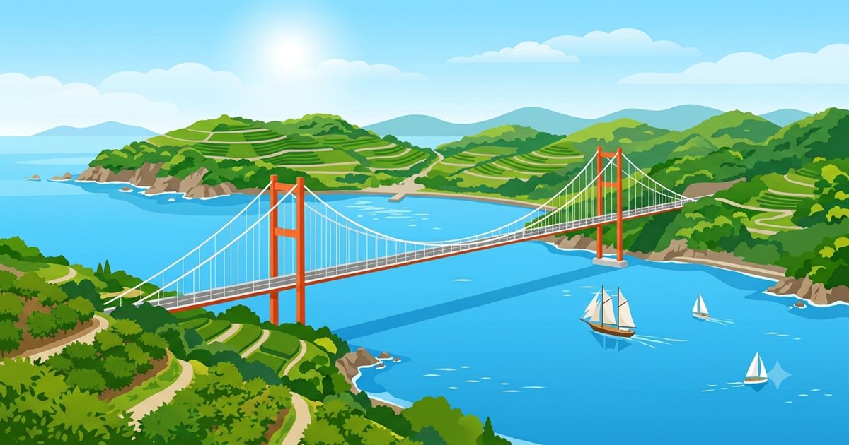 しまなみ海道をイメージしたイラスト。瀬戸内の島々に架かる吊り橋と柑橘の段々畑